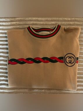 Gucci Beige Crewneck Sweater with Red and Green Rope-Design Trim